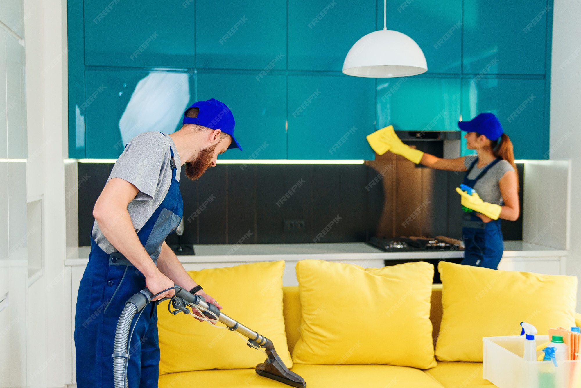 young man with vacuum cleaner washing with vapor yellow sofa beautiful woman wipes cuisine furniture 141188 2568 (1)